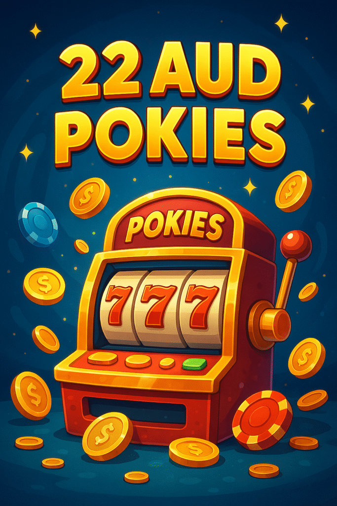 22 AUD pokies slot machine banner with jackpot 777 and golden coins flying around