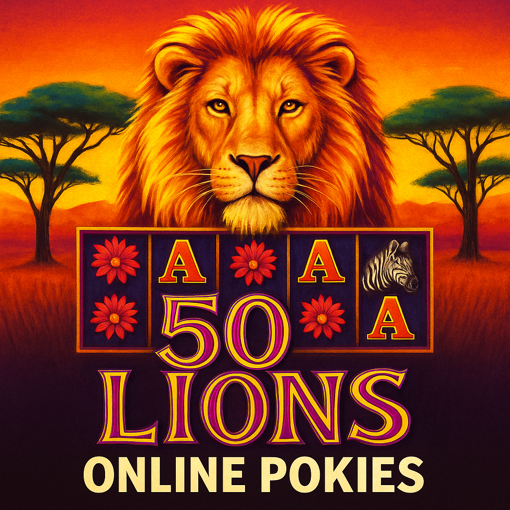 50 Lions Online Pokies slot machine with African lion and sunset β play pokies online in Australia for free