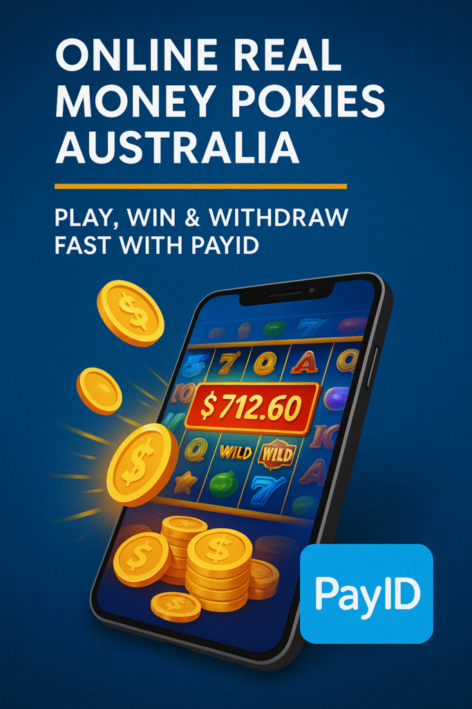 Online real money pokies Australia interface with PayID payout and winning screen on mobile device