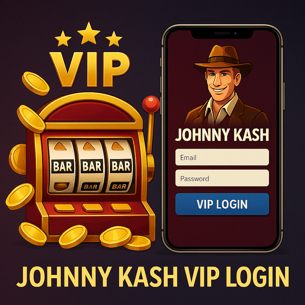 VIP slot machine and mobile login screen with Johnny Kash character inviting players to access VIP rewards and bonuses