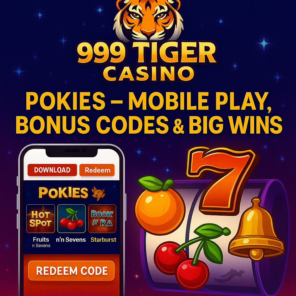 999 tiger casino pokies interface with mobile download options, redeem codes, and classic slot symbols – perfect for Aussie players seeking real wins