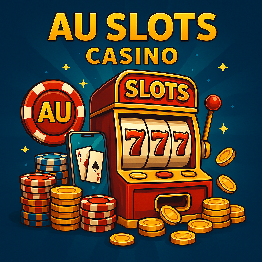 Illustration of a red slot machine with 777s, gold coins, and poker chips promoting AU Slots Casino gameplay via pokies75.net