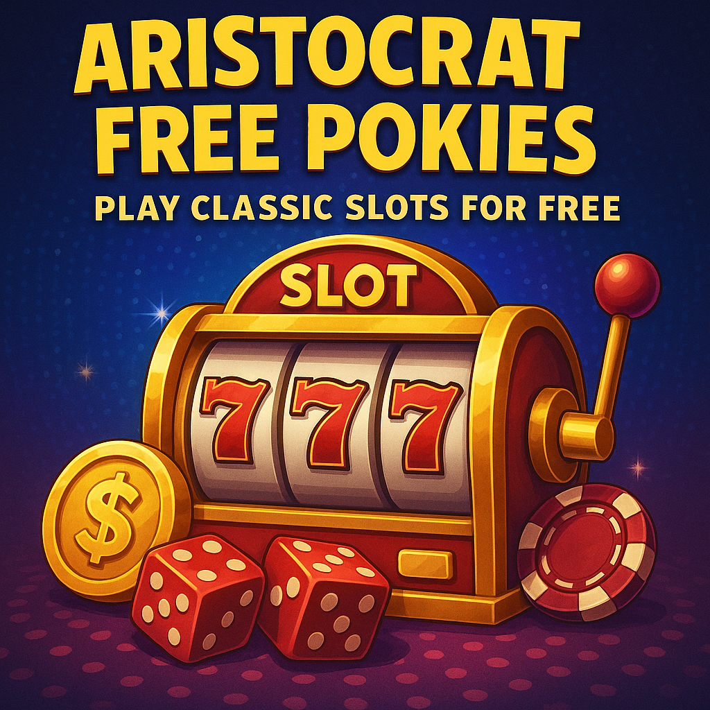 Illustration of a vintage fruit machine with 777s, coins and dice — vibrant design promoting Aristocrat free pokies gameplay experience.