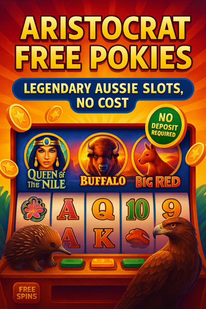 Bright and colorful promotional illustration featuring Aristocrat free pokies, showcasing iconic Australian slot symbols and highlighting legendary Aussie slots available at no cost.