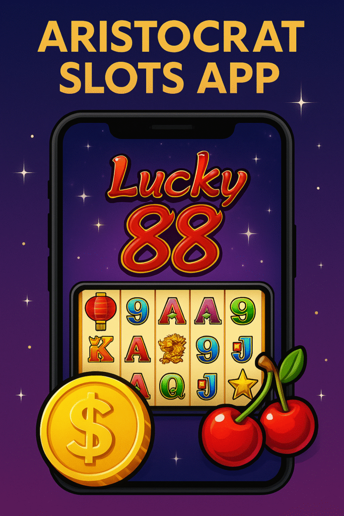 Aristocrat Slots App with lucky 88 Aristocrat game on mobile screen, classic Aussie pokie symbols, golden coin, cherries, and a starry background for Australian players