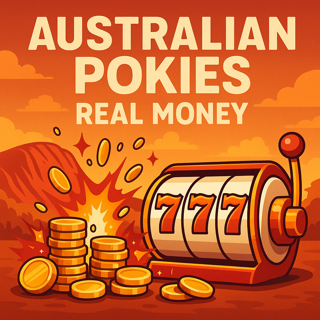 Red and gold slot machine with 777, golden coins, and Uluru backdrop — vibrant visual for Australian pokies real money excitement.