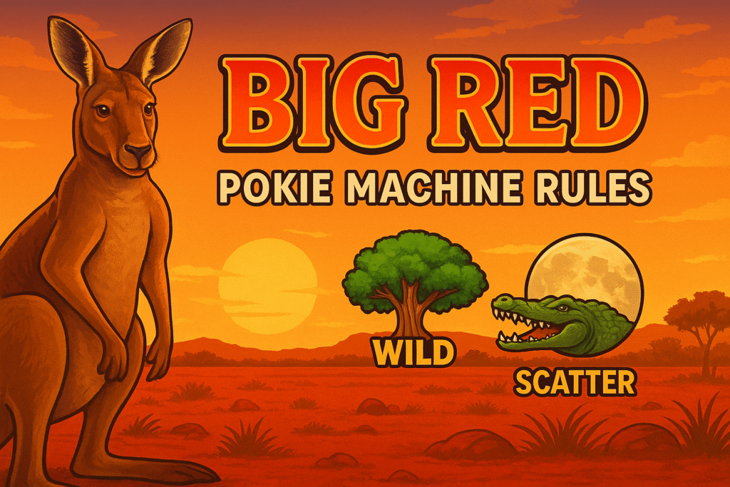 Illustration of Big Red pokie machine rules with kangaroo, wild tree and scatter moon symbols on an Australian outback background.