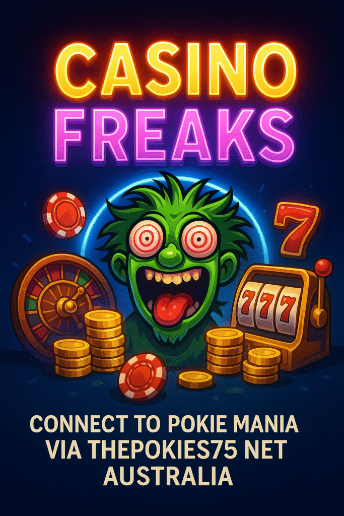 Casino Freaks interface with vibrant pokie machines, bonus icons, and Australian PayID login – fast play via thepokies75 net Australia.