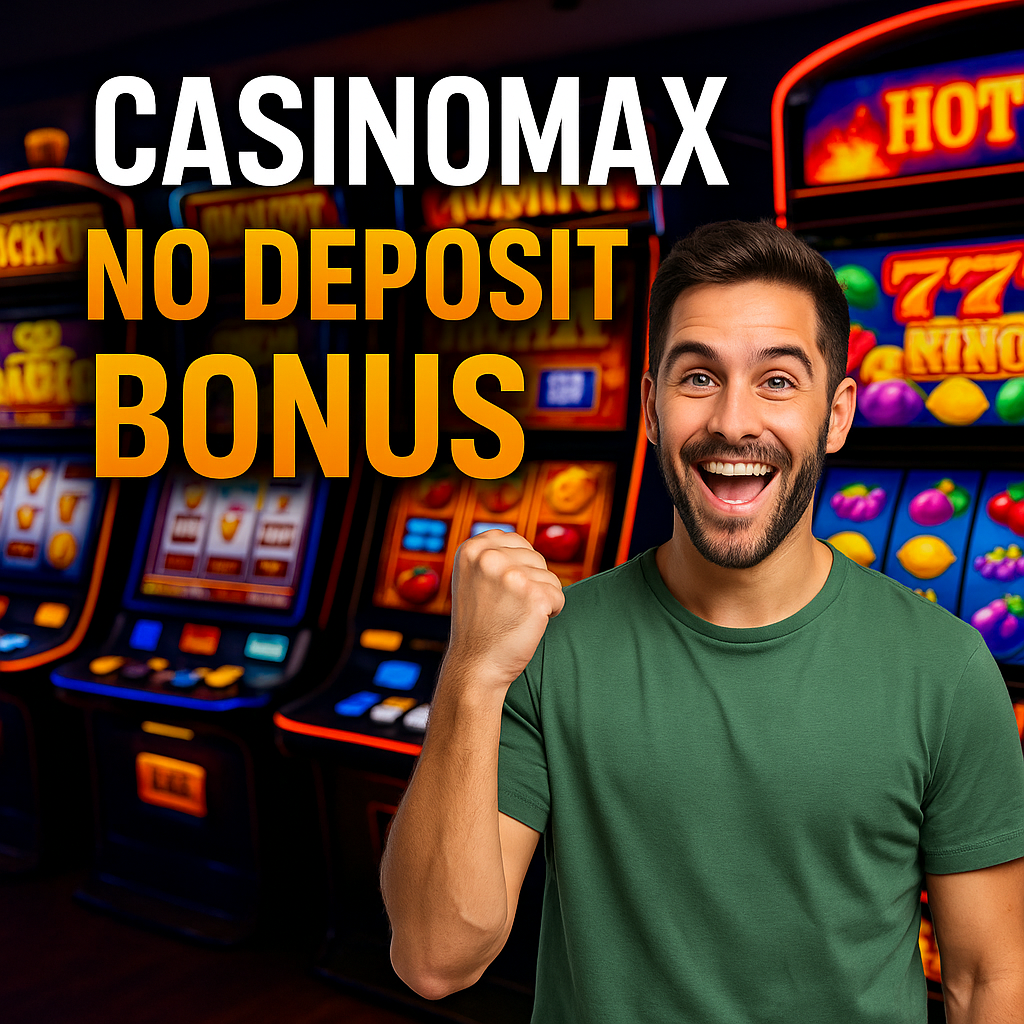 Casinomax no deposit bonus promotion with excited Aussie man in front of pokie machines