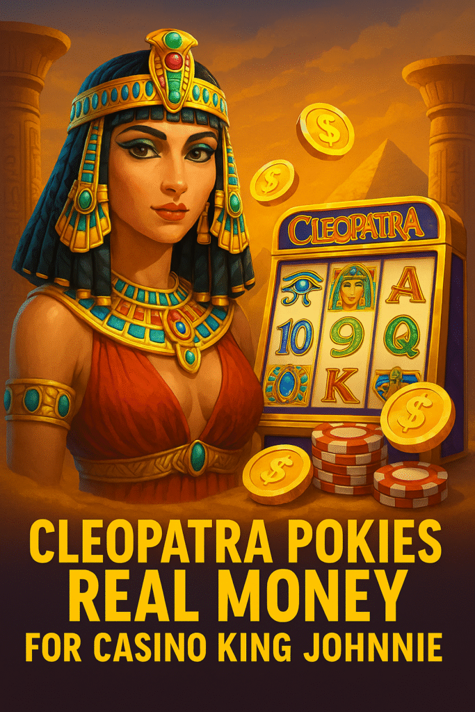 Golden-themed illustration of Cleopatra pokies real money with pyramids, wild symbols, and treasure in an Australian online casino setting
