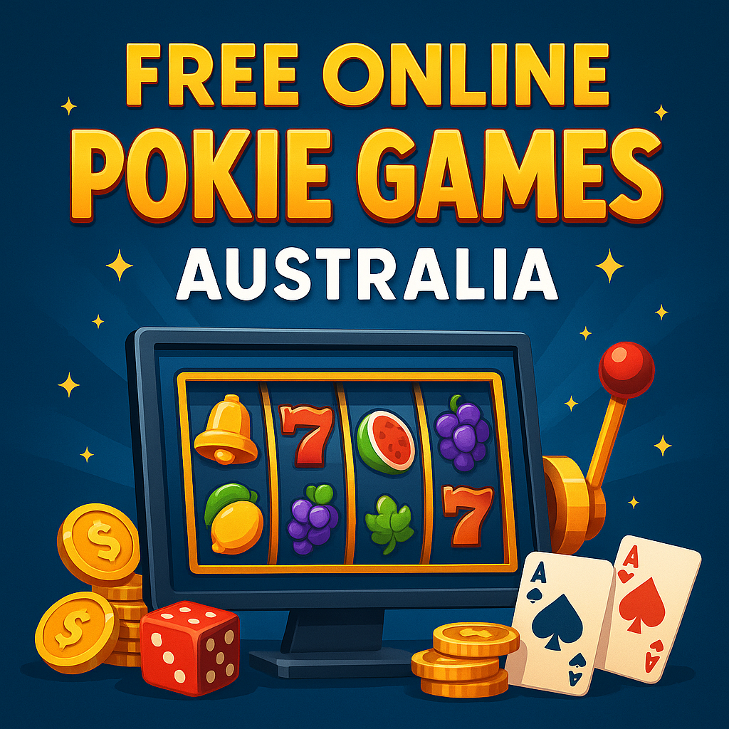 Colorful 2D digital illustration of free online pokie games Australia featuring classic slot symbols, gold coins, and Aussie-themed design
