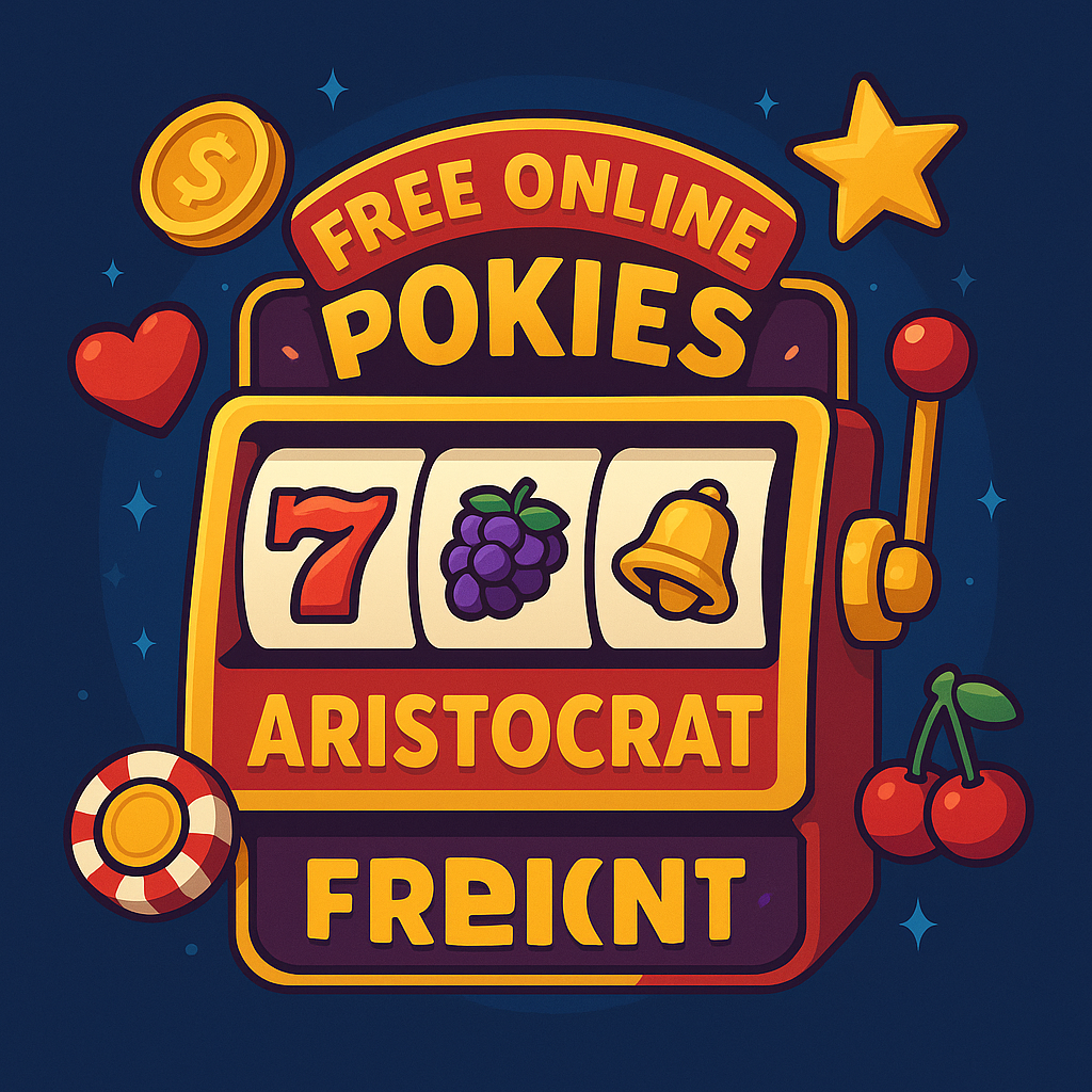 Colorful digital banner showing free online pokies Aristocrat slot machine with cherries, 7s, and classic casino symbols for Aussie players