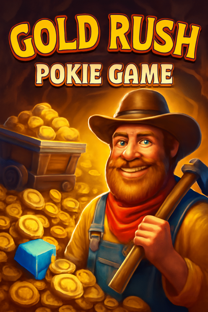 Gold Rush Pokie Game featuring a rugged miner with gold nuggets and a blue diamond, representing the thrill and rewards of the game.