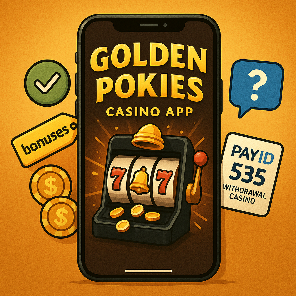Golden pokies casino app – smartphone showing slot machine interface, PAYID 535 withdrawal label, bonuses tag, and secure help icon for Aussie players.