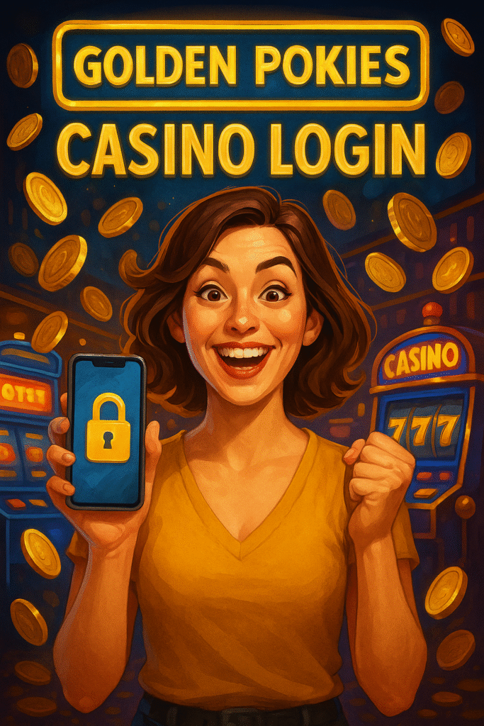 Golden pokies casino login – mobile access with padlock icon, gold coins flying around slot machines, glowing casino signs and vibrant pokies backdrop for Australian players.