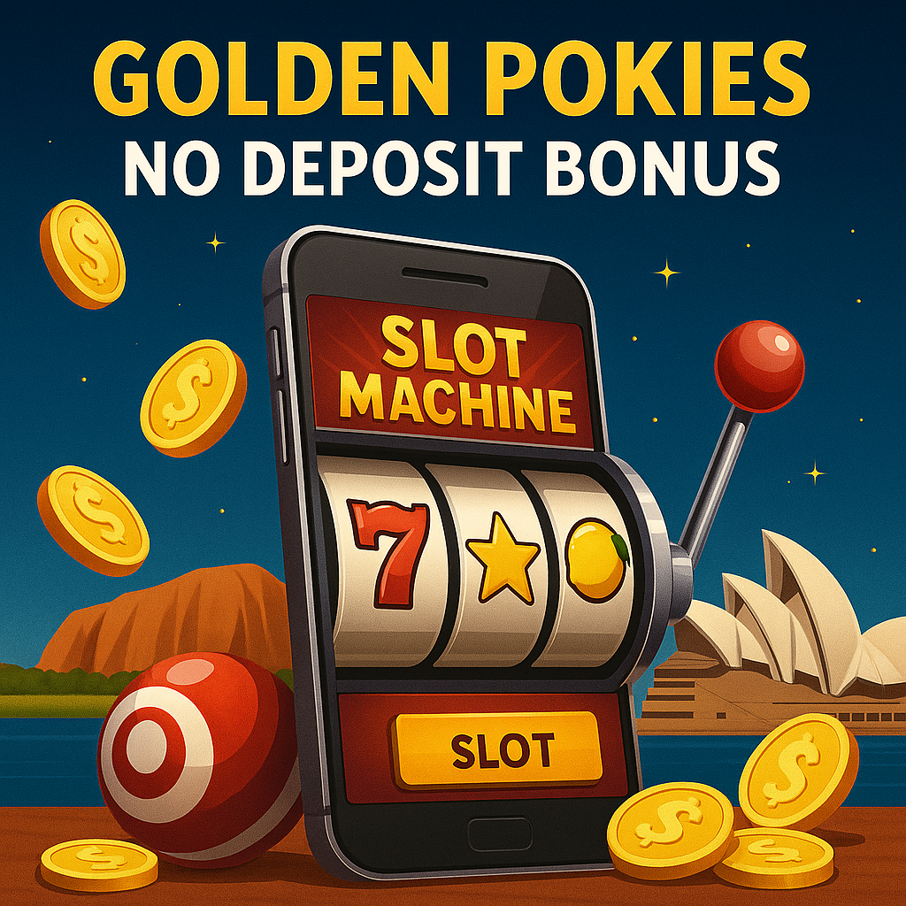 Golden pokies no deposit bonus – smartphone slot machine with red 7, star, lemon, flying coins, and Australian icons like Sydney Opera House and Uluru.