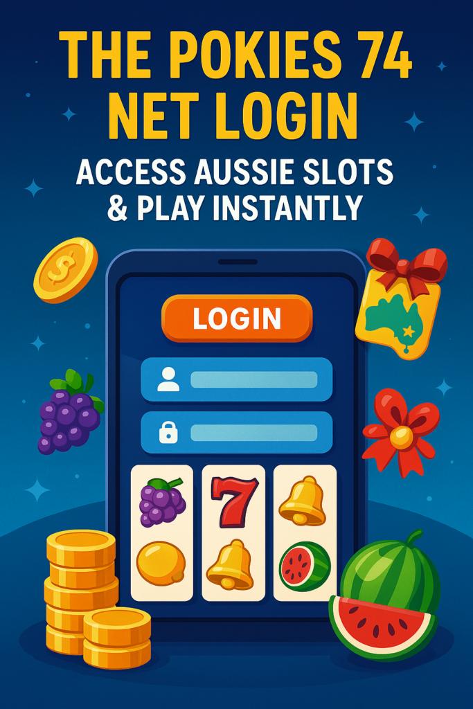 Thepokies 74 net australia login screen with slots, bonus icons, and Aussie theme