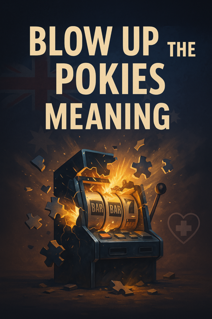 Blow up the pokies meaning – retro slot machine exploding in symbolism, with emotional themes and responsible gaming message
