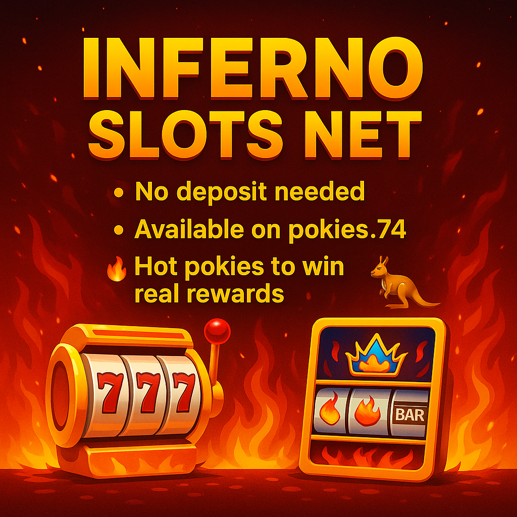 Inferno Slots Net banner with fiery slot machines, kangaroo icon, no deposit text, and pokies.74 branding – hot online pokies for Aussie players.