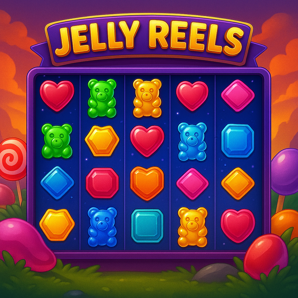 Jelly Reels slot with glossy jelly symbols, mobile gameplay icons, and vibrant 8x8 grid – available via thepokies 74 net login for Aussie players.