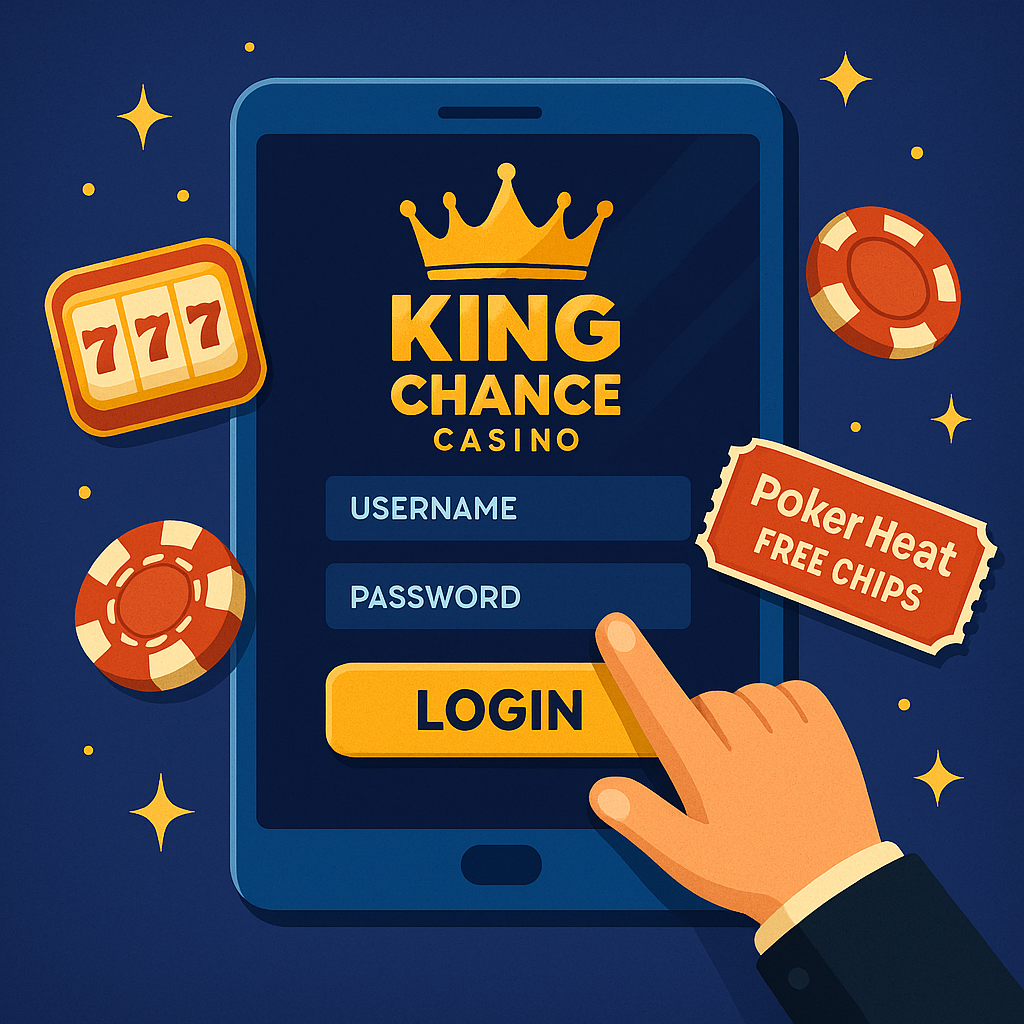 King Chance Casino login screen with poker heat free chips and slot icons