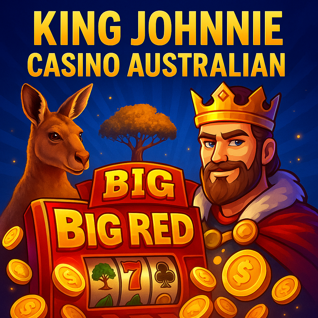 King Johnnie Casino Australian with Big Red pokie machine, golden coins, cartoon king, and kangaroo — classic Aussie pokies scene with bonus vibe