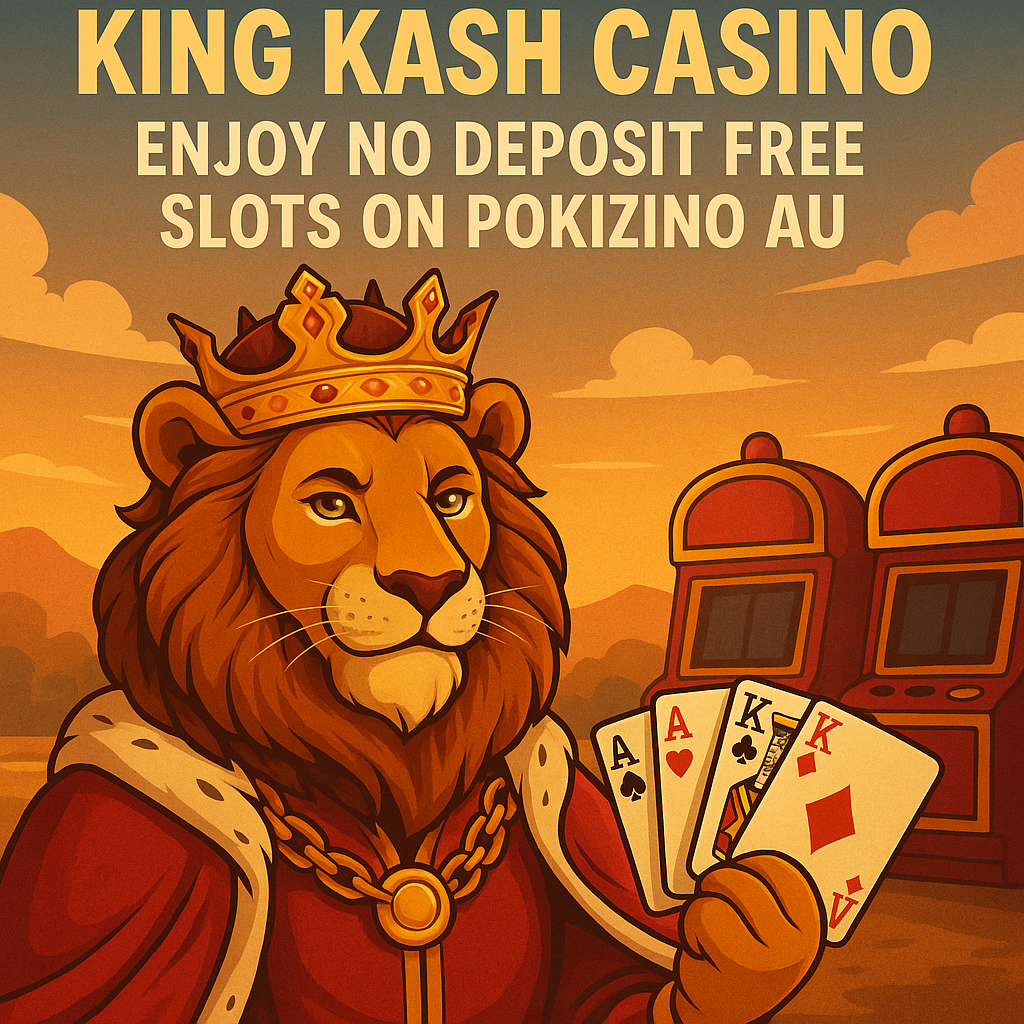 Illustration of a royal lion promoting King Kash Casino with playing cards and slot machines in the background.