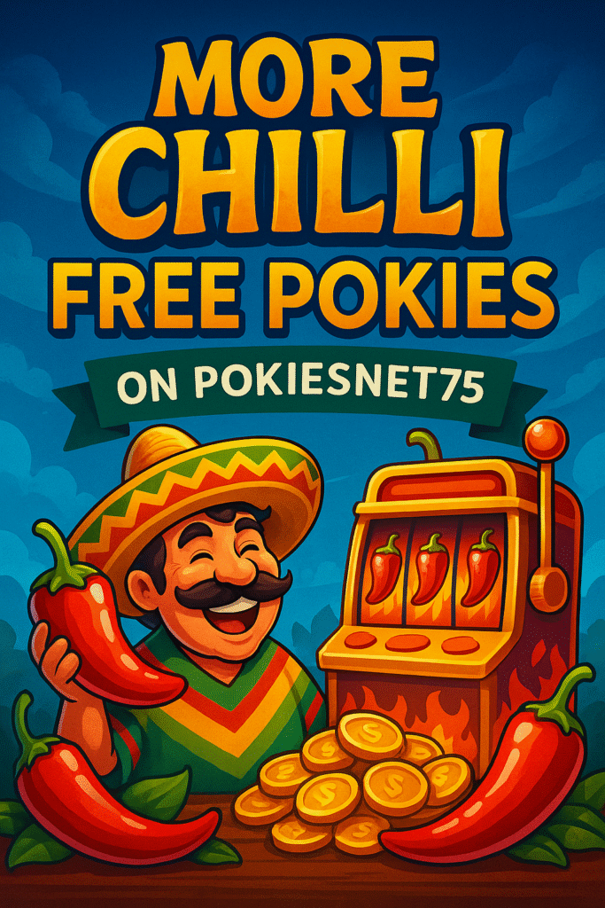 More Chilli free pokies slot game on PokiesNet75 with Mexican theme, chillies, slot machine, and gold coins – bright and fun design for Aussie players.