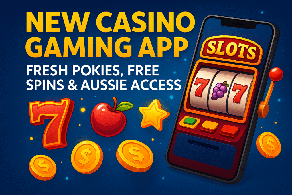Promotional banner showing New Casino Gaming App with free pokies on line, daman casino gaming app features, and mobile slots for Australian players