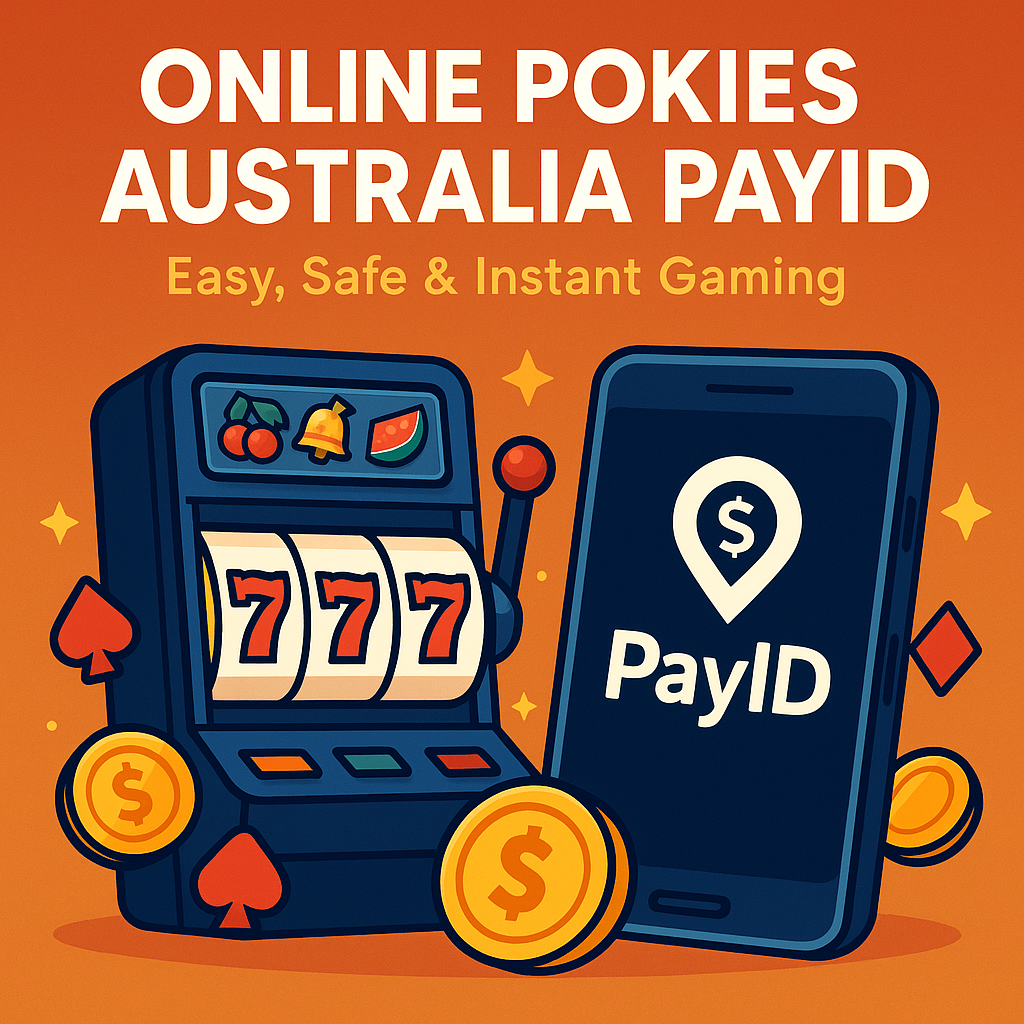 Online pokies Australia PayID slot machine and smartphone graphic with secure payment icons and Aussie design style