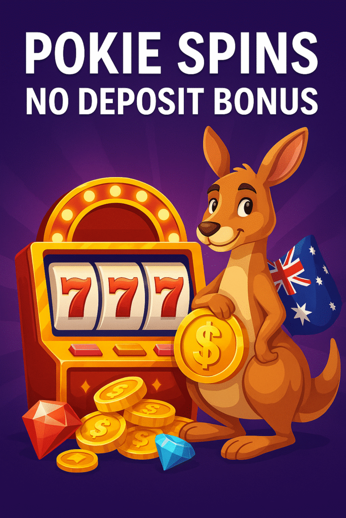 Promotional image featuring "Pokie Spins No Deposit Bonus" with kangaroo, slot machine, and Aussie flag – real money online pokies Australia


