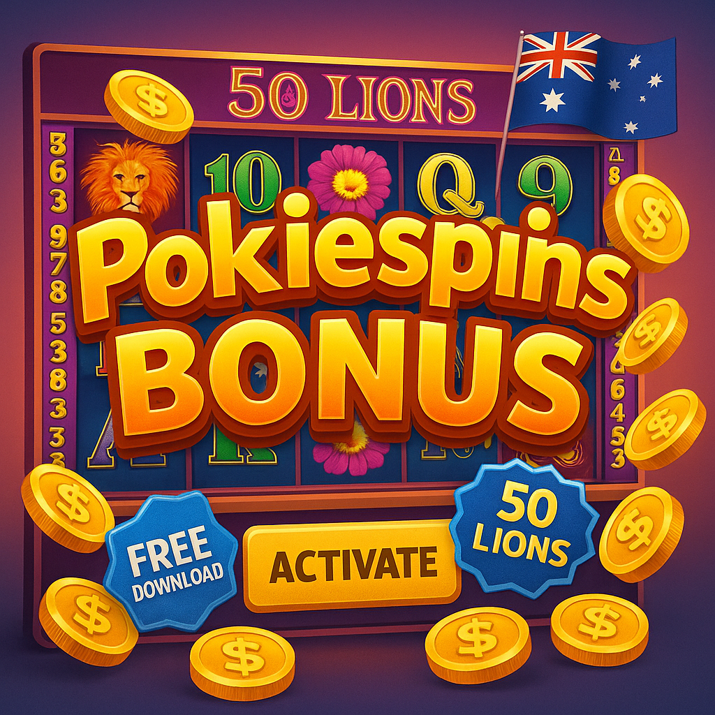Pokiespins bonus banner featuring the 50 Lions slot machine and a bold “Activate” button with Australian-themed graphics