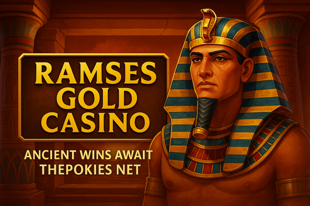 Digital illustration of Ramses Gold Casino promotion featuring Pharaoh Ramses II and the phrase "Ancient Wins Await ThePokies Net" – Ramses gold casino, thepokies net, Australian pokies