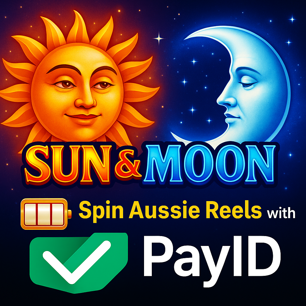 Sun and Moon pokies slot with glowing sun and moon symbols, PayID logo, and Aussie-style reels – fast casino access for Australian players.