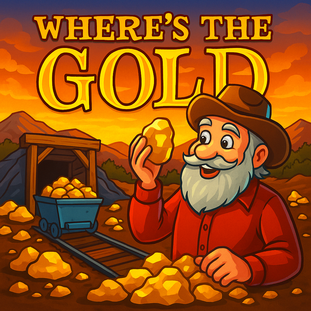 Cartoon-style prospector holding a gold nugget near a mine at sunset – scene inspired by Where’s the Gold online pokies.