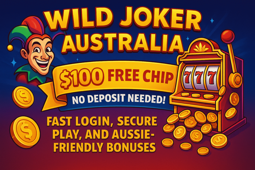 Promotional graphic for Wild Joker Australia showing a joker character with a $100 free chip and no deposit offer.