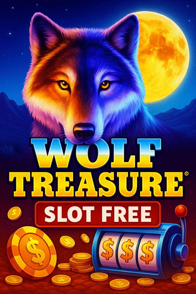 Wolf Treasure slot free demo with jackpot symbols, moonlight, and best Australian no deposit bonus codes – casino reels and gold coins in desert scene.